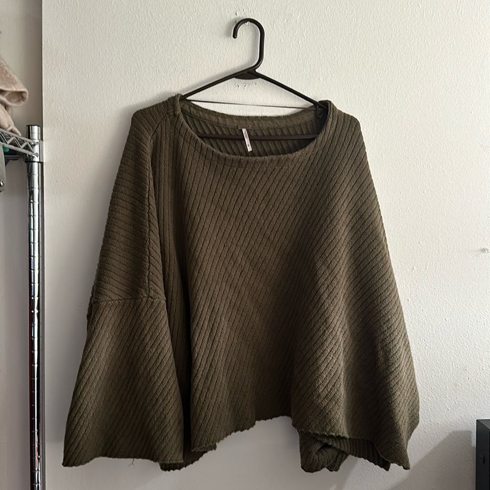 Free People Olive Green Ribbed Bell Sleeve Sweater